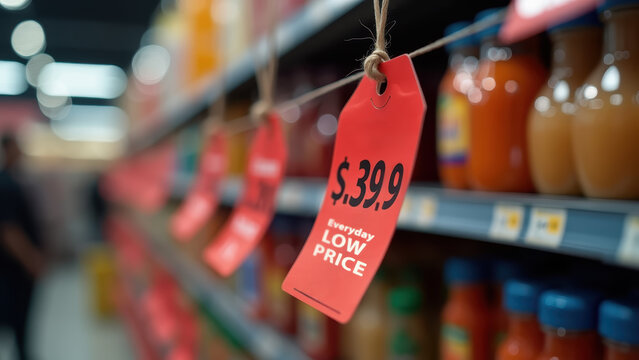 Red sale price tag hanging on string in supermarket aisle, everyday low price label, blurred shelves with colorful bottles, bokeh shoppers background, concept of retail, grocery, discount shopping