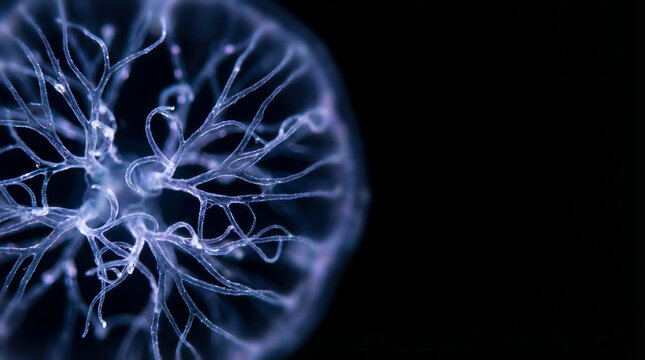 Macro shot of a glowing translucent jellyfish or bioluminescent marine organism Cnidaria with intricate nerve tentacles against a black background for Nature Photography Day