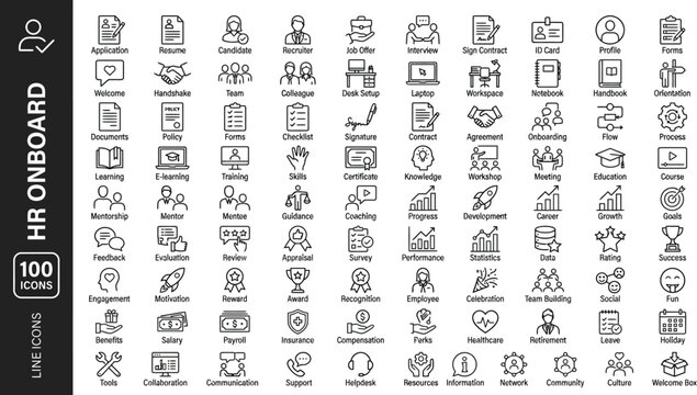 A collection of line icons related to HR onboarding, featuring various symbols and graphics. AI, eps, png, jpg. transparent background.