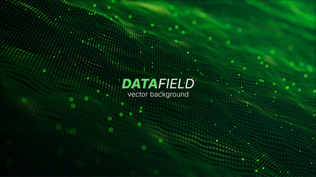 Futuristic green wave vector background with glowing particles and grid. Big data visualization, AI concept, data processing. Perfect for cybersecurity, blockchain tech presentation. Neon digital flow