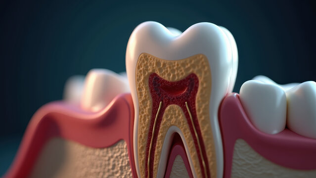 3D rendered cross section of wisdom tooth impaction pushing against molar in jawbone