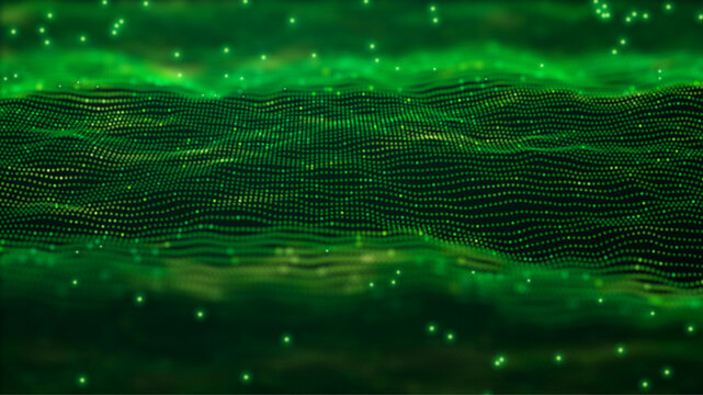 Futuristic green wave vector background with glowing particles and grid. Big data visualization, AI concept, data processing. Perfect for cybersecurity, blockchain tech presentation. Neon digital flow