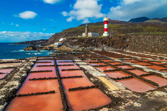 View of the Fuencaliente salt pans (Salinas de Fuencaliente) and lighthouse on La Palma island, Canary, Spain