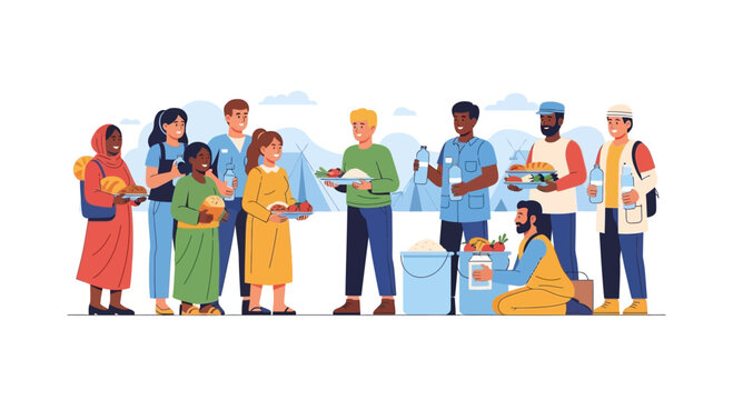 Community volunteers from diverse backgrounds unite to distribute food, water, and essential aid, demonstrating social support and charitable giving through a collective outreach program