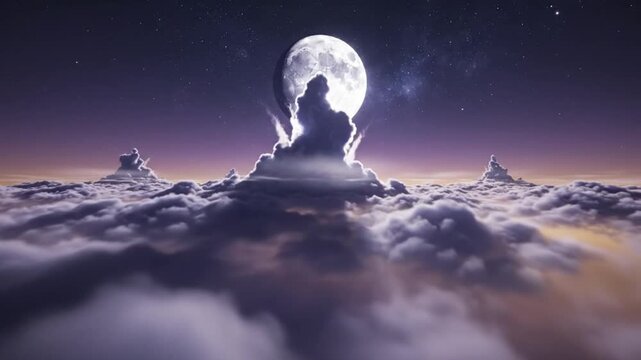 A person sits on a cloud formation under a large moon with stars in the night sky.