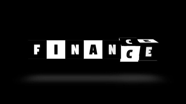 finance text word block turning black white letter cube spin slow motion animation. black background. 3D. 3D rendering, Stamp or Seal neon glow with shadow intro outro signs isolated on alpha channel