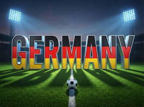 Germany soccer stadium with ball and floodlights at night