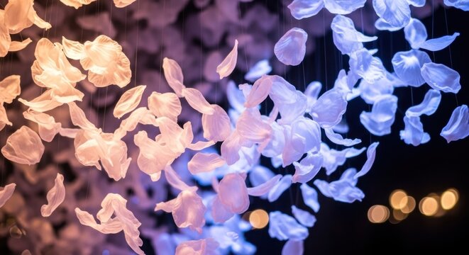 A vibrant, abstract installation of floating, illuminated petals in a gradient of pink and blue, suspended in a dark, bokeh-lit space with a warm, ambient glow.