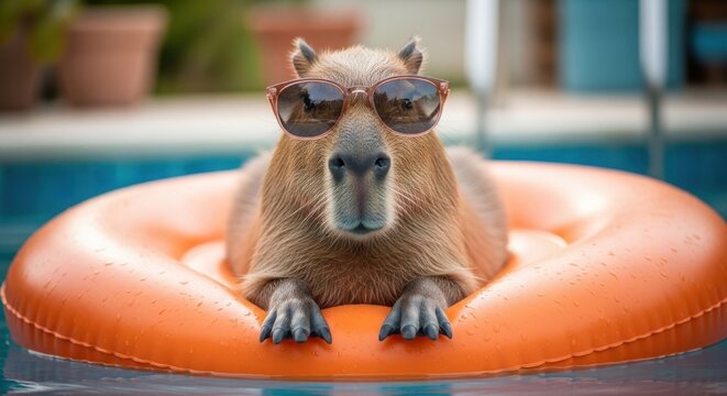 Cool capybara relaxing capybara on pool float with sunglasses summer fun