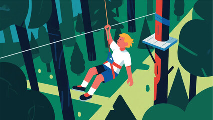 Illustration Of A Man Gliding On A Zipline Above The Forest Vector Design Template © BedRoses