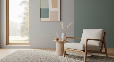 Fototapeta premium A cozy living room with a wooden armchair, a side table with a vase and a plant, and a large window with a view of a forest outside.