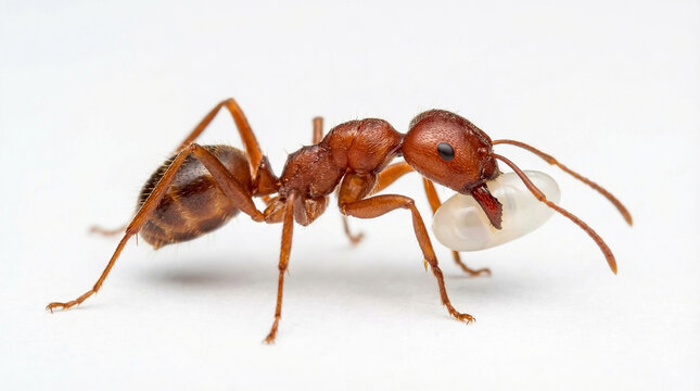 Macro side view of a Red Ant (Solenopsis) carrying an egg or larva in its mandibles isolated on a white background with bright studio lighting