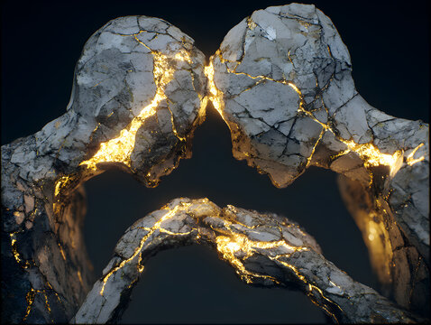 Two figures touch foreheads and connect with soft light in an artistic display of unity and connection in a dark setting