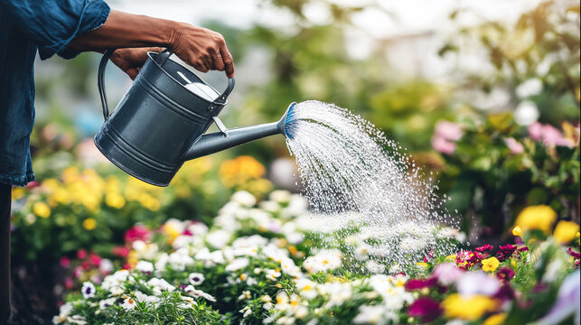 Person watering blooming garden flowers with a metal watering can, providing care and fostering growth