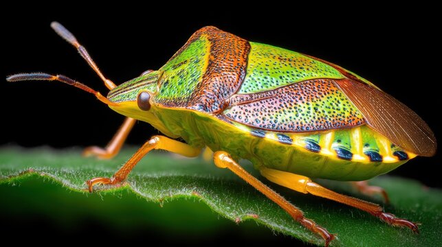 Intricate Close-up of a Vibrant Green Shield Bug with Intricate Wing Patterns Resting on a Textured Leaf