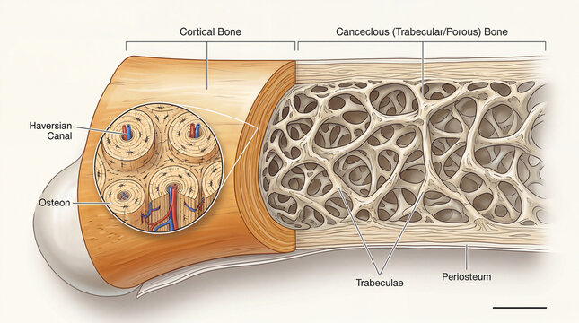 Bone structure showing cortical and cancellous types with details on Haversian canal and osteon