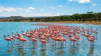 Fototapeta premium Flock of Flamingos Standing Gracefully in Scenic Lake with Clear Blue Water and Greenery