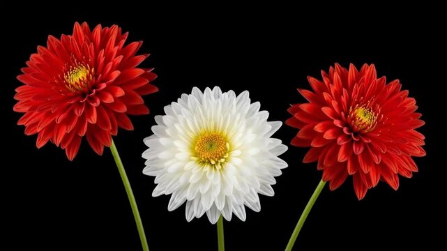 Three vibrant gerbera daisies in red and white on a dark background