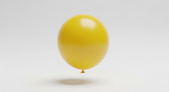 A yellow balloon floating in the air against a white background.