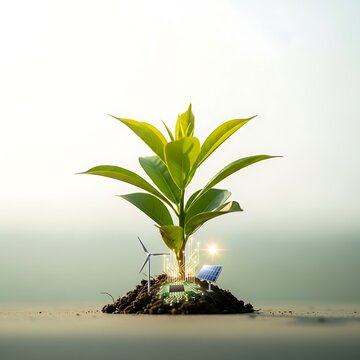 Close up of a green plant growing with miniature wind turbine, solar panel and glowing circuit representing green technology and renewable energy concept