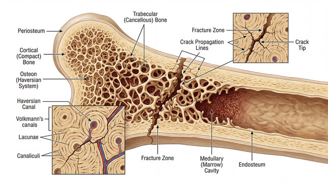 Detailed view of bone structure showing key parts and fracture mechanics in a scientific illustration