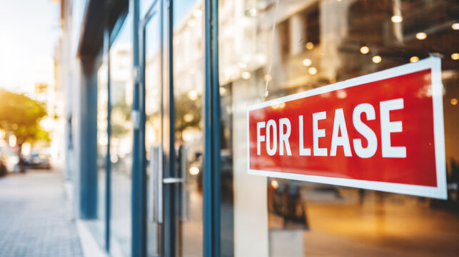 Storefront window displaying a red FOR LEASE sign, indicating available commercial property for business rental