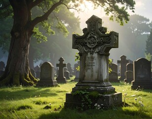 Fototapeta premium A weathered stone Celtic cross stands prominently in a serene cemetery