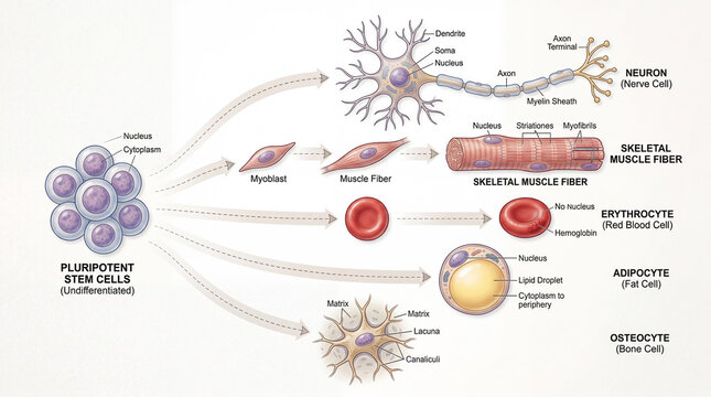 Understanding the process of differentiation of pluripotent stem cells into various cell types in humans