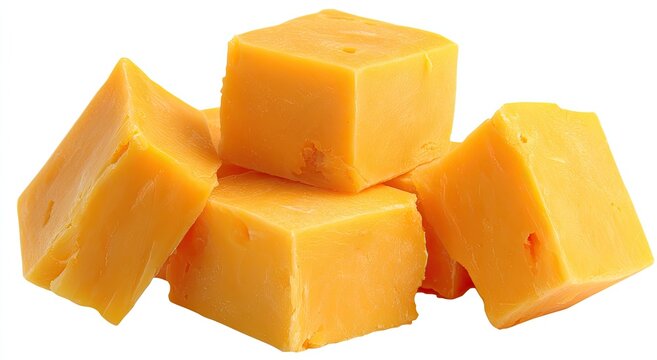 Pile of vibrant yellow cheese cubes, neatly cut, on a white background