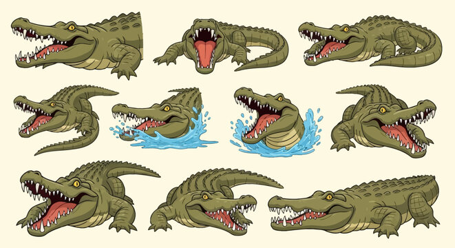 Set of cartoon crocodile and alligator illustrations in various poses, including open jaws, side profiles, front views, and water splashes, designed as detailed mascot characters.