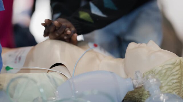 Person performing cpr chest compressions on a medical dummy