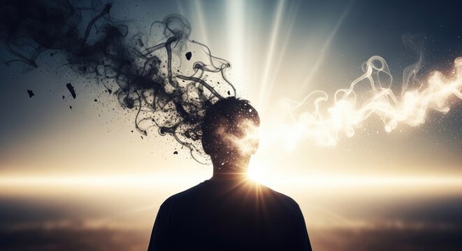 A man with a head full of smoke and light emanating from his head, set against a dramatic sky with clouds and a sun.