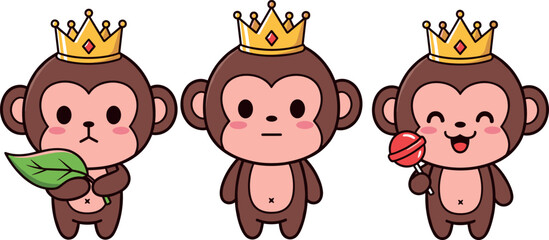 Cute monkey king characters set with crown holding leaf and candy in kawaii cartoon style isolated vector illustration © Rubya