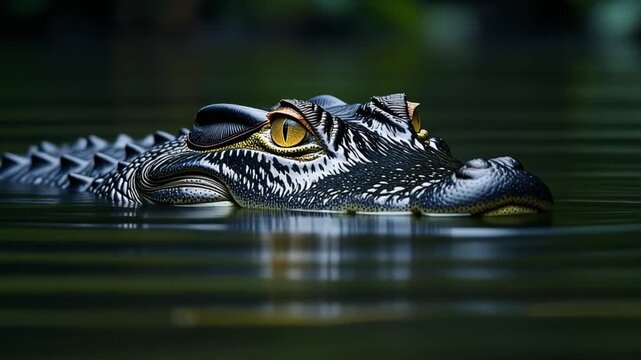 Close up of a Crocodile Eye Emerging from Dark Swamp Water