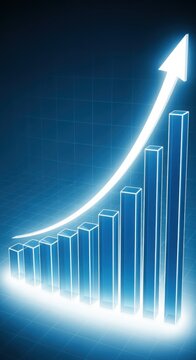 A glowing 3D bar graph with ascending blue bars and an upward arrow, symbolizing growth and increasing success on a dark grid background.