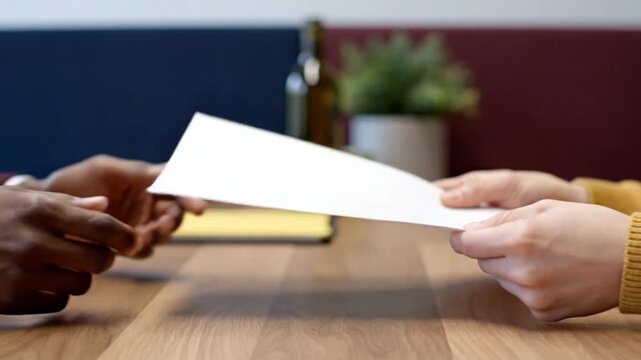 Close-Up of Unrecognizable Colleagues Passing Blank Document in Modern Office