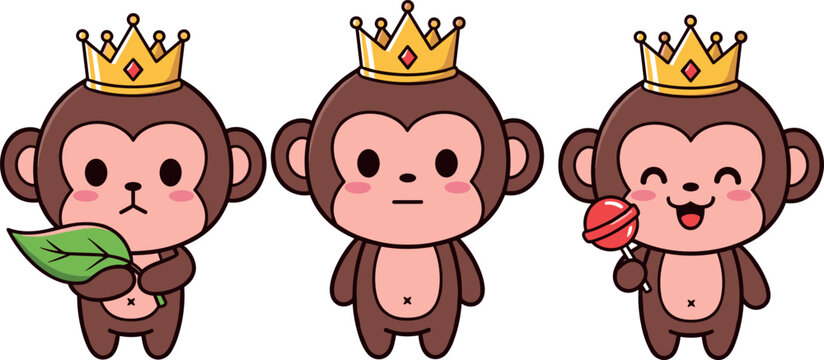 Cute monkey king characters set with crown holding leaf and candy in kawaii cartoon style isolated vector illustration