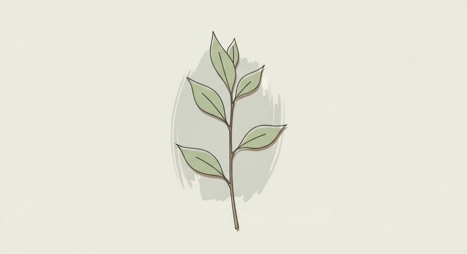 A single green leaf with a brown stem, set against a light background with a subtle brushstroke effect.