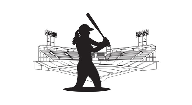 Female softball player batting at stadium silhouette illustration.
