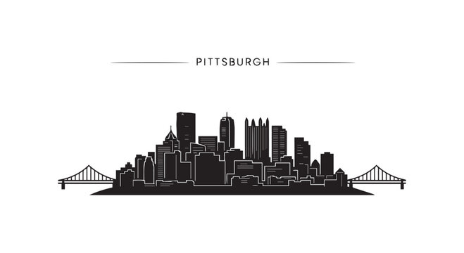 Pittsburgh city skyline silhouette with bridges vector illustration.