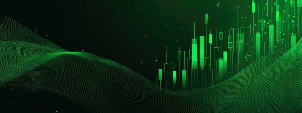 A dynamic green abstract background combines flowing lines with financial chart elements.