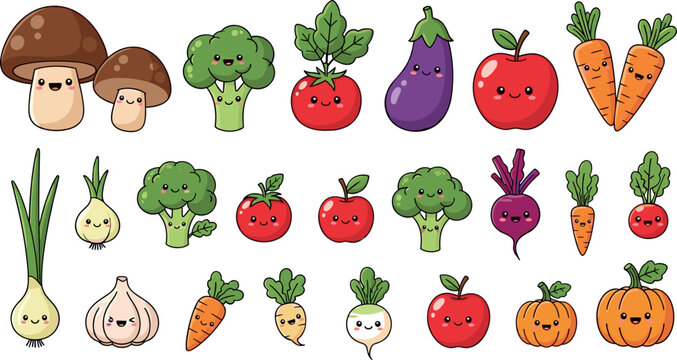 Cute vegetable and mushroom characters collection with smiling faces including broccoli tomato carrot and pumpkin isolated cartoon vector illustration set