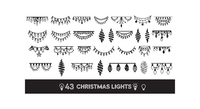 Collection of Christmas lights and ornaments, string lights, pine trees, star, black and white decorative elements.