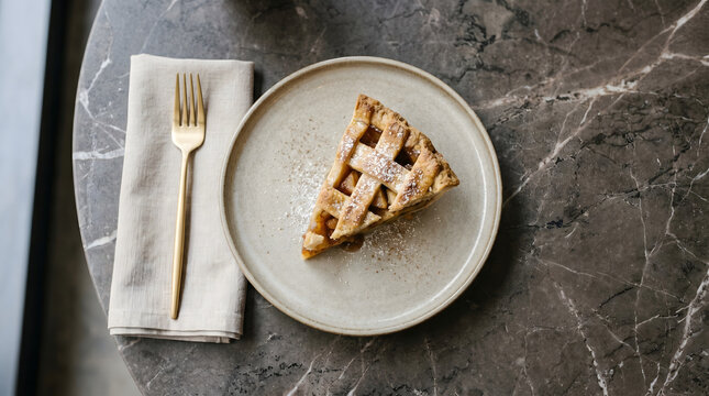 Slice of homemade apple pie with lattice crust on a plate with golden fork and linen napkin over dark marble background