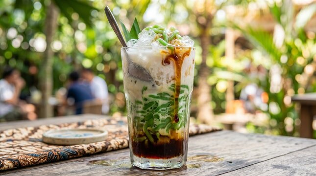 Refreshing Indonesian Es Cendol Pandan Drink with Coconut Milk