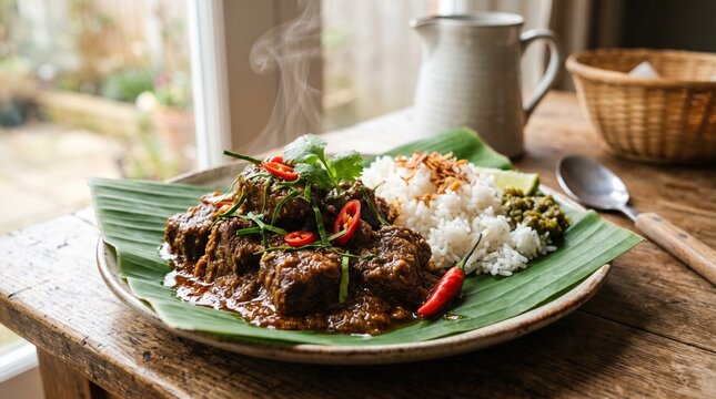 Authentic Padang Beef Rendang with Steamed Rice on Banana Leaf