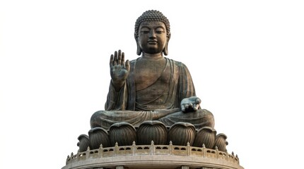 Obraz premium Large bronze statue of Buddha with serene expression set against clear blue sky background