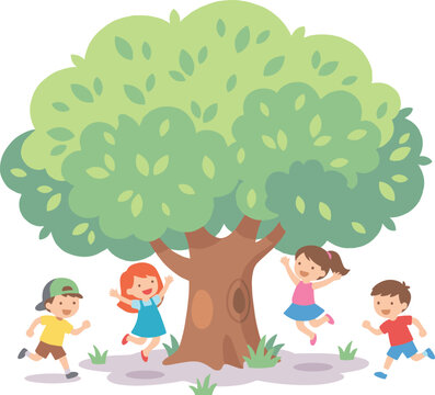 Cartoon Kids Playing Around Large Tree in Outdoor Park for Fun, Nature, and Childhood Adventure Themes