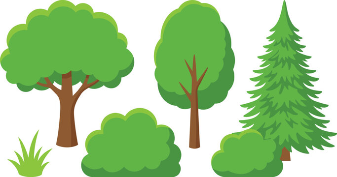 Cartoon Trees and Bushes Vector Set with Green Leaves, Pine Tree, and Shrubs for Nature, Garden, and Outdoor Themes