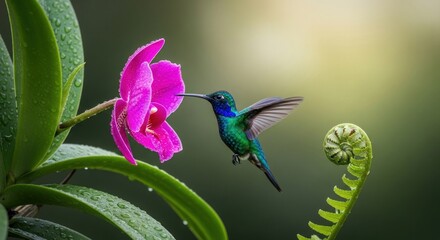 Obraz premium A vibrant hummingbird with iridescent plumage feeds from a delicate pink orchid, with a lush green fern in the background, set against a soft, blurred green backdrop.